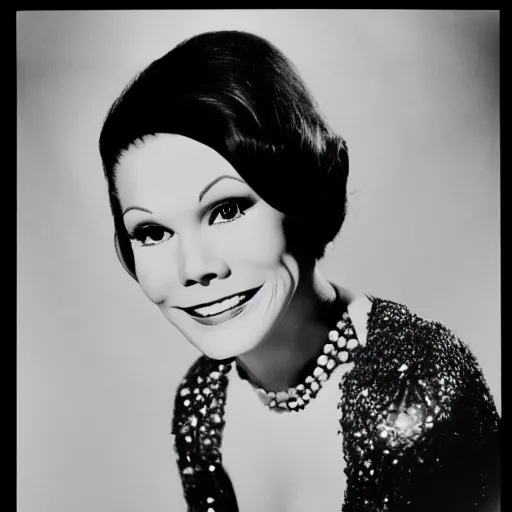 Prompt: portrait of Mary Tyler Moore by Cecil Beaton , glamorous Hollywood style lighting, black and white, photorealistic