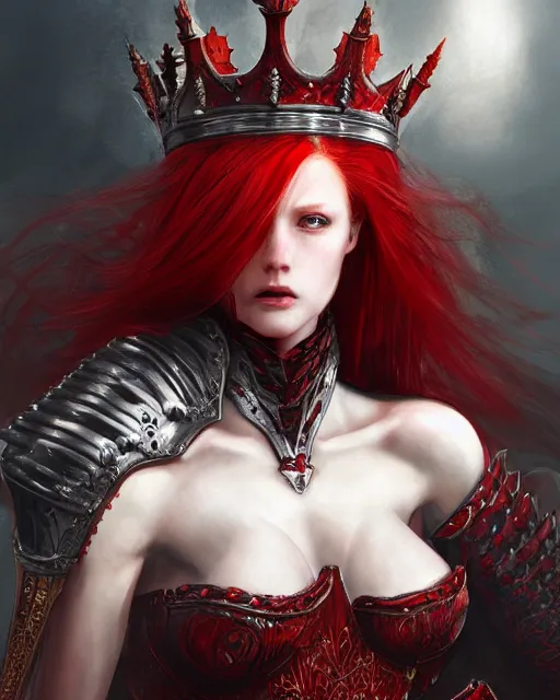 Image similar to redhead queen knight in red armor, inside an epic gothic castle, baroque, large crown, holding sword, face with scars, intimidating, ominous, high fantasy, intricate detail, digital painting, artstation, concept art, smooth, sharp focus, illustration, art by yoshitaka amano and monia merlo and wlop