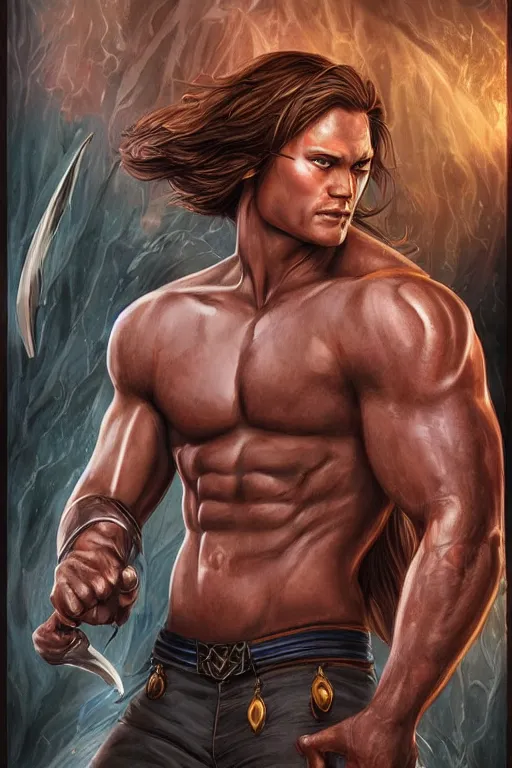 Image similar to muscular sam winchester as a mage tattooed in the cover of an acotar book, sarah j. maas, d & d!, fantasy style, sharp focus!, ultra detailed, art by artgerm, wlop, ilya kuvshinov