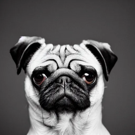 Image similar to portrait of a pug with an emo haircut with bangs, studio photo, album cover, well lit,