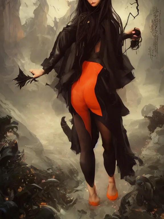 Prompt: Full shot of a mischievous young witch about to get up to some trouble. Latin American fashion. Black and Orange palette. Latina girl. brown skin. Symmetrical facial features. By Ruan Jia and Artgerm and Range Murata and WLOP and Ross Tran. Key Art. Fantasy Illustration. award winning, Artstation, intricate details, realistic, Hyperdetailed, 8k resolution.