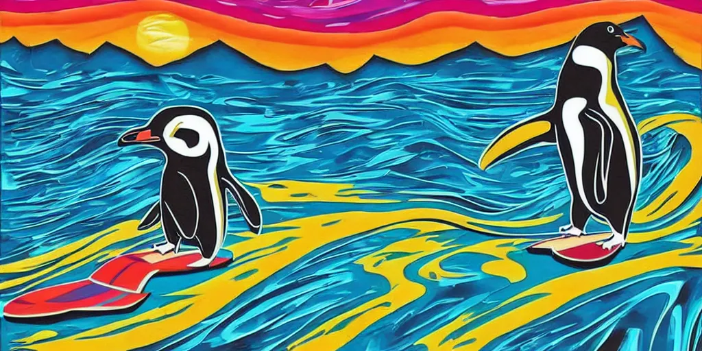 Prompt: a psychedelic surfing penguin, art station, art deco