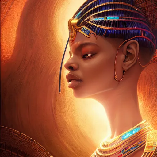 Image similar to highly detailed portrait of an african egyptian goddess, intricate alien technology, stephen bliss, unreal engine, fantasy art by greg rutkowski, loish, rhads, ferdinand knab, makoto shinkai and lois van baarle, ilya kuvshinov, rossdraws, tom bagshaw, global illumination, radiant light, detailed and intricate environment