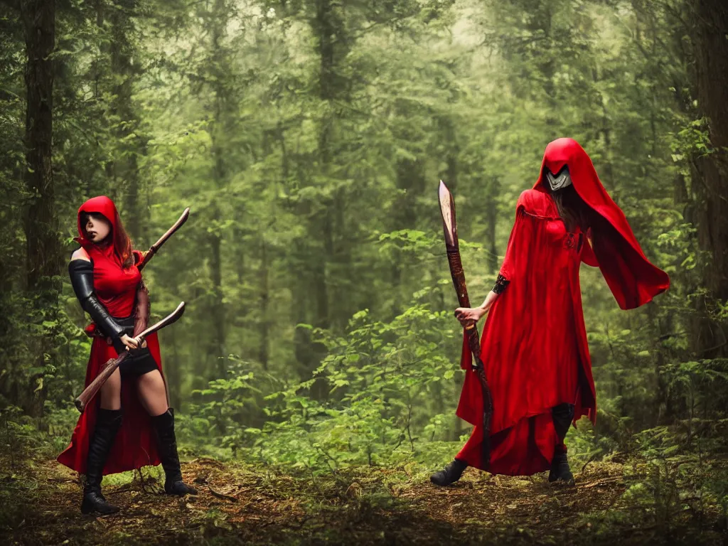 Prompt: a girl in a red hood with a twohanded axe in mysty deep mystical forest