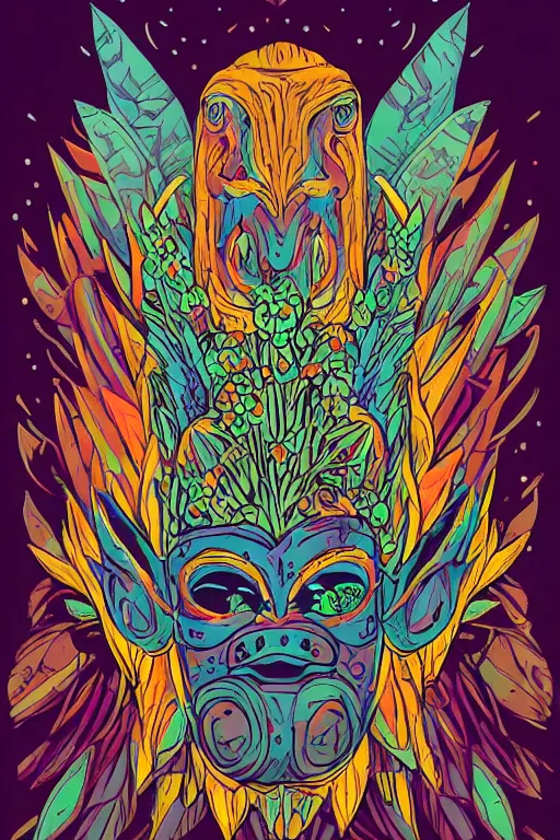 Image similar to animal mask totem roots flower tribal feather gemstone plant wood rock shaman vodoo video game vector cutout illustration vivid multicolor borderlands comics by josan gonzales and dan mumford radiating a glowing aura