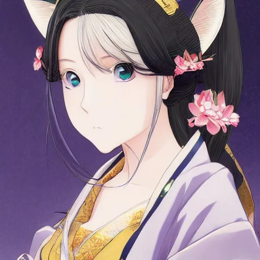 Image similar to A close-up anime portrait of Ssunbiki as a beautiful Japanese noblewoman with fox ears wearing a silk kimono from Skyrim, by a professional manga illustrator, Stanley Artgerm Lau, WLOP, Rossdraws, James Jean, Andrei Riabovitchev, Marc Simonetti, and Sakimichan, tranding on artstation