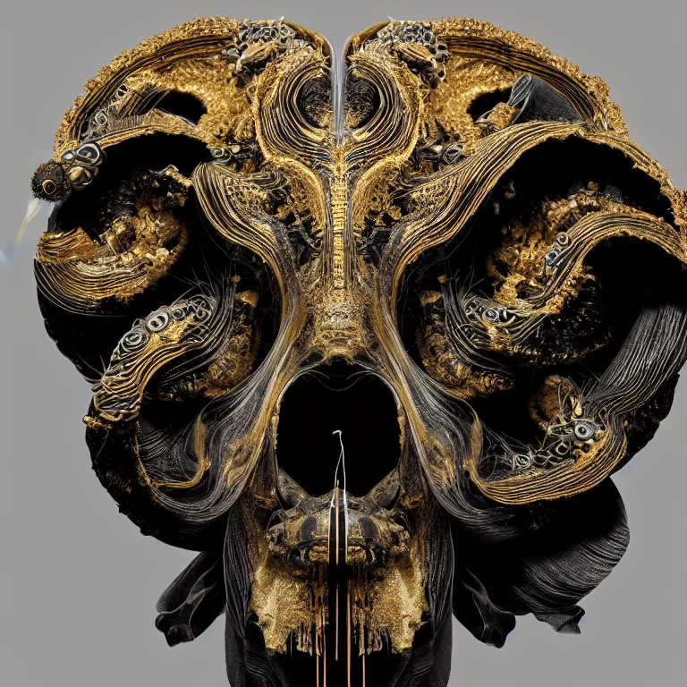 Image similar to black background. absolutely symmetrical sculpture. centered. goddess princess face close-up portrait ram skull. sculpture made of gold and black charcoal. jellyfish phoenix head, nautilus, orchid, skull, betta fish, bioluminiscent creatures, intricate artwork by Tooth Wu and wlop and beeple. octane render, trending on artstation, greg rutkowski very coherent symmetrical artwork. cinematic, hyper realism, high detail, octane render, 8k