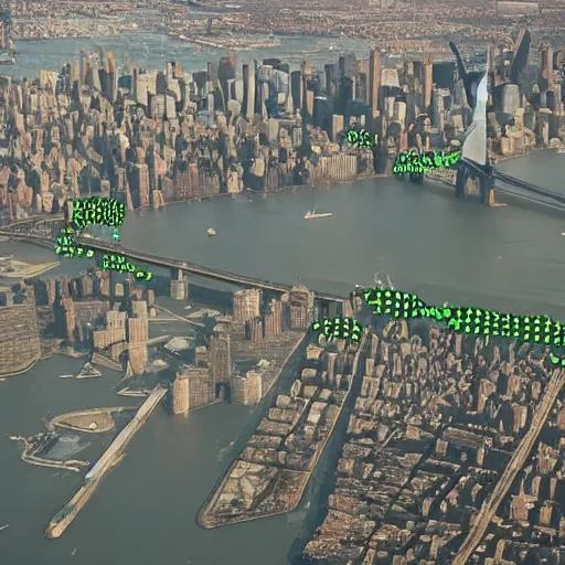 Prompt: colossal pickles flying over new york city, there are guns on the outside of the pickles that are firing projectiles down upon the city