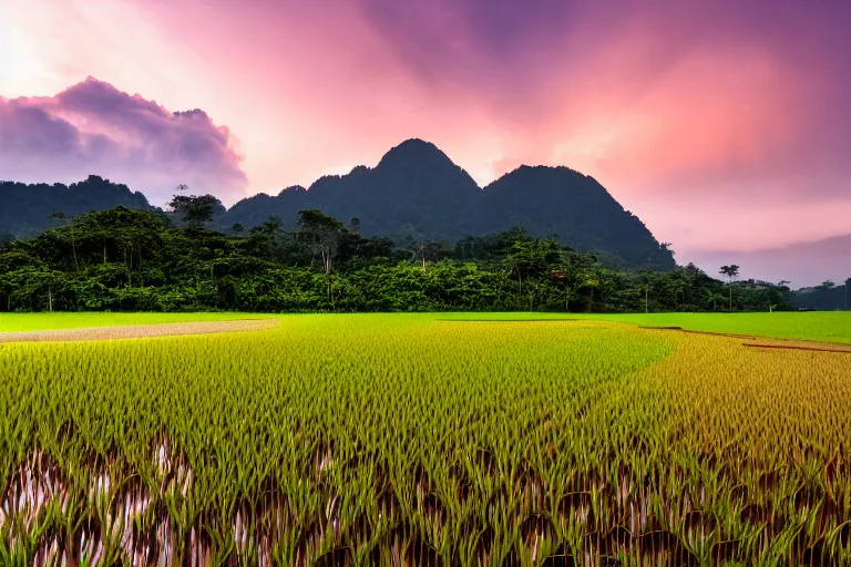 Prompt: a beautiful landscape photography of Gunung Jerai, Yan, Malaysia with a paddy field, dramatic sky, 500px, cinematic lighting, wide angle,sunrise, award winning, 8K photo realism