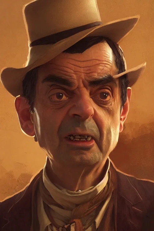 Image similar to mr bean as a character in a scene from red dead redemption, artstation, concept art, smooth, sharp focus, illustration, art by and greg rutkowski and alphonse mucha