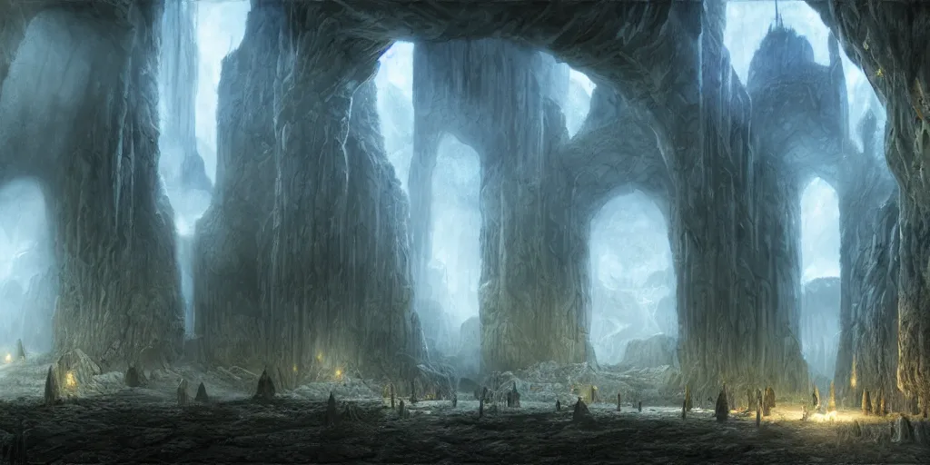 Image similar to Inside Isengard Caverns, evening, detailed matte painting, cinematic, Alan Lee, Artstation