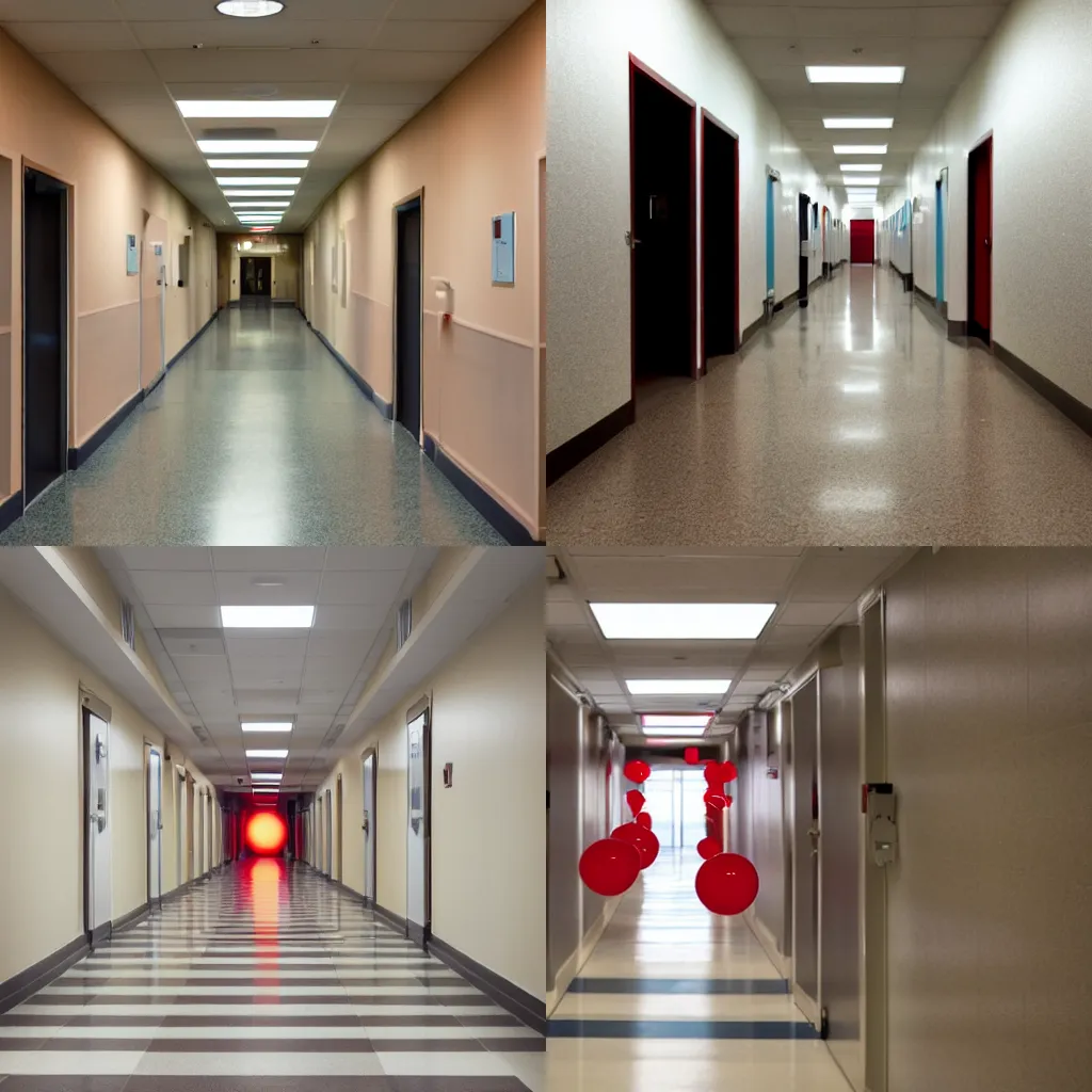 Prompt: a clean hospital hallway with a red floating orb in the center of the hallway