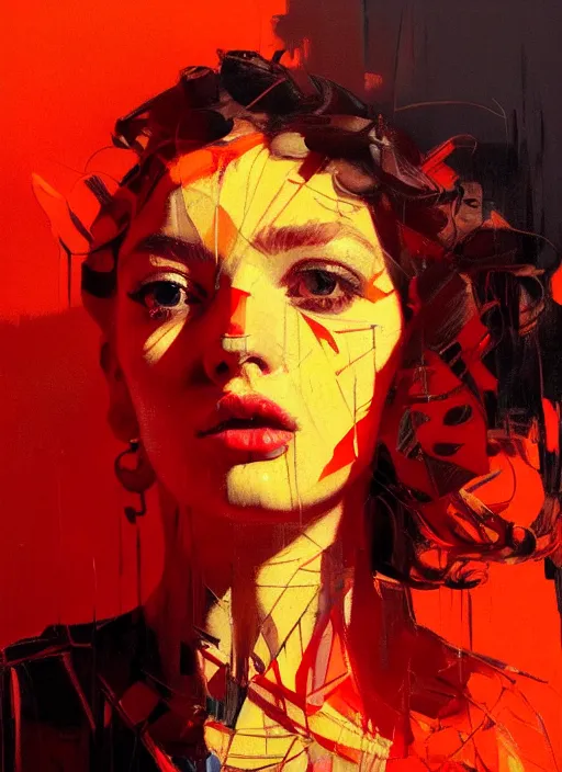 Image similar to portrait of beautiful girl, ibiza, sunset, shades of orange and red, beautiful face, rule of thirds, intricate outfit, spotlight, by greg rutkowski, by jeremy mann, by francoise nielly, by van gogh, digital painting