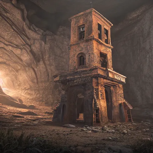 Image similar to an abandoned old rusty clocktower in a dark enormous cave, Low level, digital art, unreal engine, WLOP, trending on artstation, 4K UHD image, octane render dynamic lighting, cinematic, establishing shot, extremely high detail, photo realistic, cinematic lighting, watercolor, intricate line drawings, 8k resolution