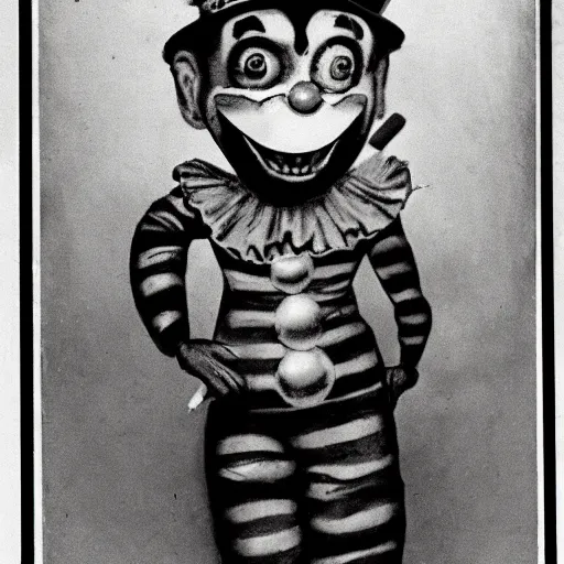 Prompt: old 1920's photograph of an fire breathing clown. Clown wears chaplins clothes. Black and white picture. Highly detailed. High definition. Artstation.
