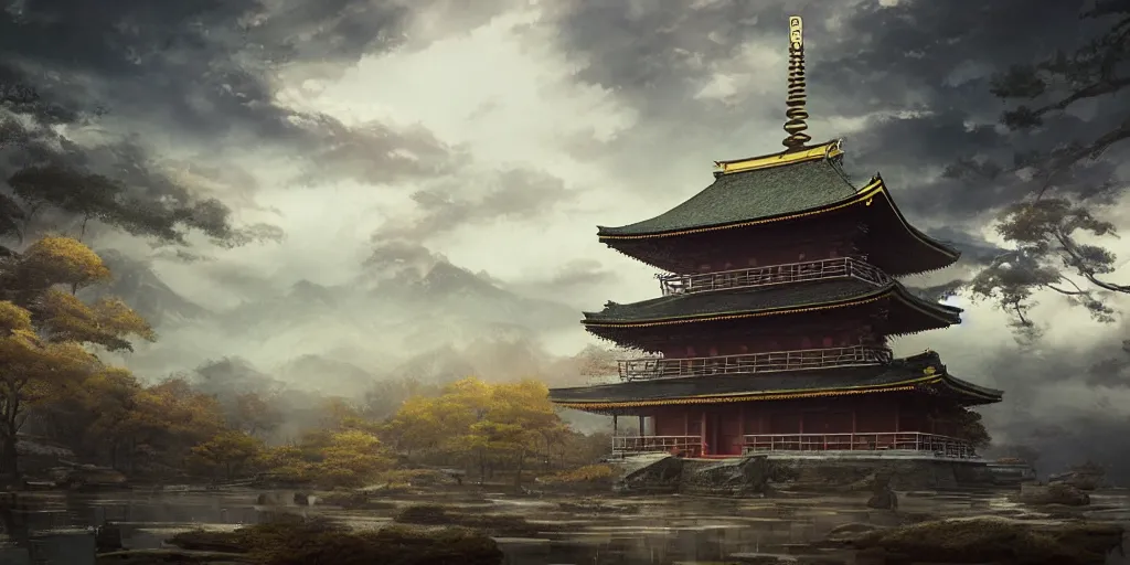 Image similar to a japanese buddhist temple. a fantasy digital painting by romain jouandeau, greg rutkowski, richard schmid, misty clouds, atmospheric lighting, photorealistic, dynamic lighting, highly detailed, cinematic landscape, architectural concept, full building, dynamic angle, line art, golden rays,