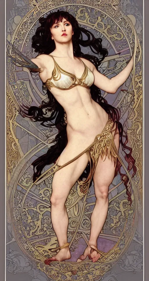 Image similar to Xena Warrior Princess, in the style of Art Nouveau, full-body, bloom, dynamic poses, diaphanous cloth, ornate, filigree, arcane, cinematic lighting, by Alphonse Mucha, by Artgerm, by Bouguereau, by Sakimichan, fantasy, portfolio illustration, highly detailed, trending on Artstation, CGsociety, HQ, 8k, 35mm lens, f2.8, Bokeh,