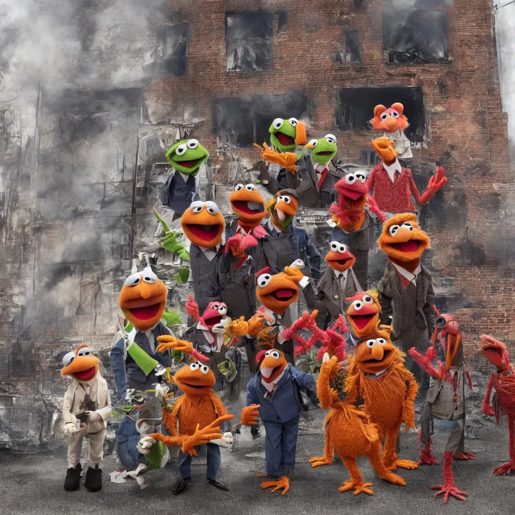Prompt: muppets standing in front of a burning building