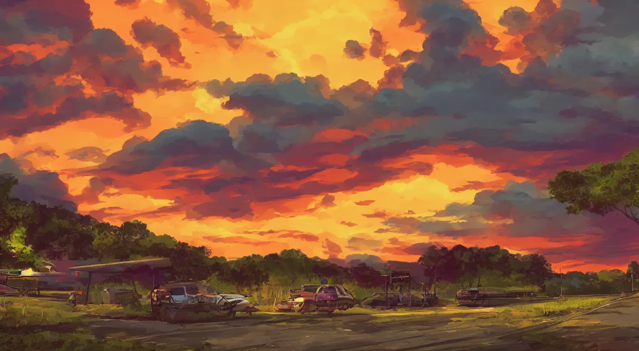 Image similar to rest stop road side south west sunset sky beautiful artstation 4 k breathtaking concept art illustration cartoon by jack kirby