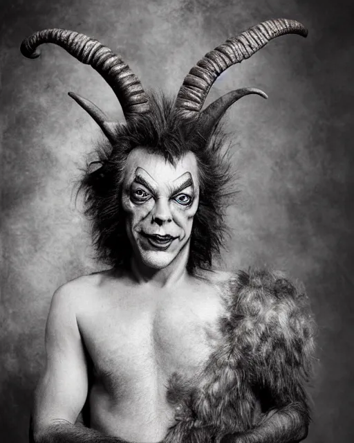 Prompt: Tim Curry in Elaborate Pan Satyr Goat Man Makeup and prosthetics designed by Rick Baker, Hyperreal, Head Shots Photographed in the Style of Annie Leibovitz, Studio Lighting