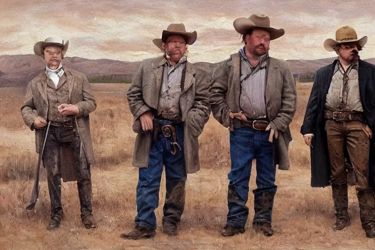 Prompt: realistic oil painting of phillip seymour hoffman and two - bandits in a busy old west town