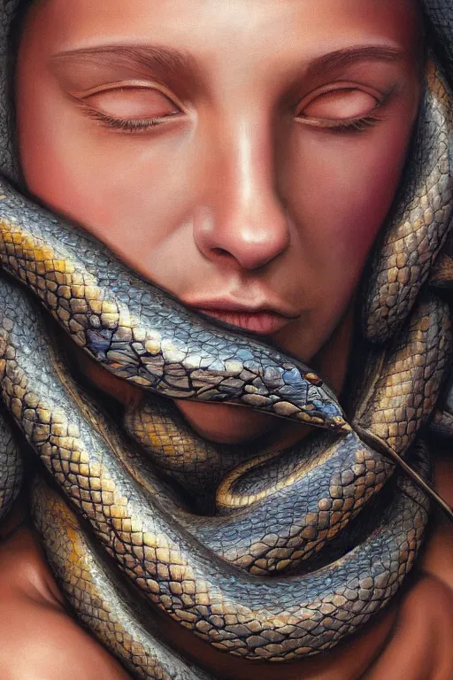 Image similar to hyperrealism oil painting, close - up portrait of face from a tangle of snakes fashion model, knight, street art gradient mixed with nebula sky, in style of baroque