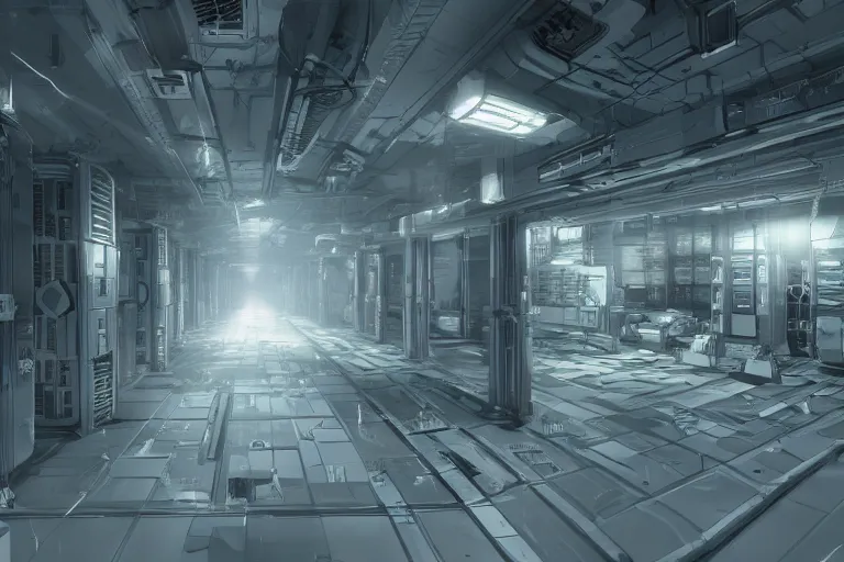 Image similar to parallax datacenter server room interior single mono colossus white rusty android guest robosaurus pacing artstation cinematic detailed concept art volumetric light sharp coherent cgsociety symmetric perfect well balanced shadows lotr hardware