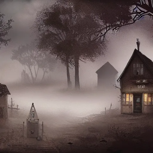 Image similar to Village, horror, fog, foster, highly detailed, one house, fear, hyper realistic, atmospheric lighting