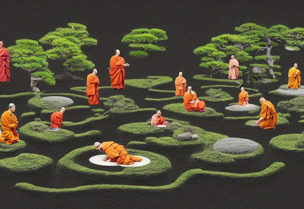Prompt: monks tending a zen garden kyoto, japan, a collage painting, in the style of wes anderson, lola dupre, david hockney, isolated on negative white space background dark monochrome fluorescent neon spraypaint accents volumetric octane render