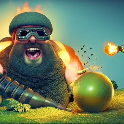 Image similar to highly detailed octane render of a short ugly fat man with a giant beard, holding a grenade launcher and wearing armour, goggles and a safety hat whilst laughing at a green mushroom cloud surrounded by dead insects in a cave