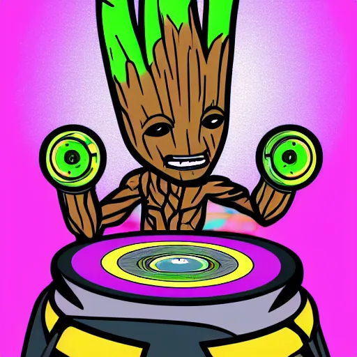 Image similar to svg sticker of a Pop-Wonder Groot-Marvel-Avenger at a rave, spinning records, giant headphones rocking out, wearing headphones, huge speakers, dancing, rave, DJ, spinning records, digital art, amazing composition, rule-of-thirds, award-winning, trending on artstation, featured on deviantart