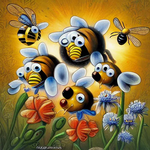 Prompt: bees and flowers and shining sun by Greg Craola Simkins , masterpiece