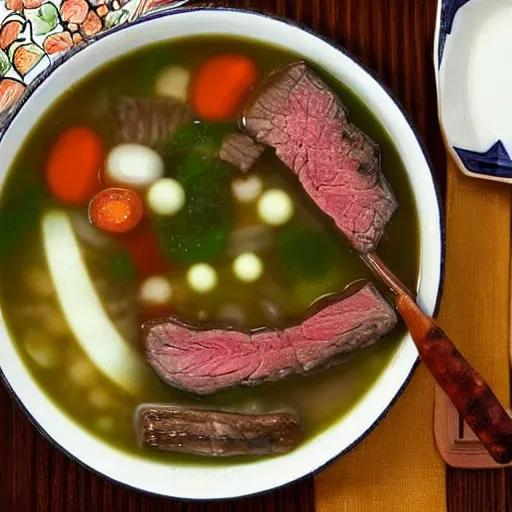 Image similar to a bowl of steak soup on a table lower corner view in the style of studio ghibli, manhwa, fancy