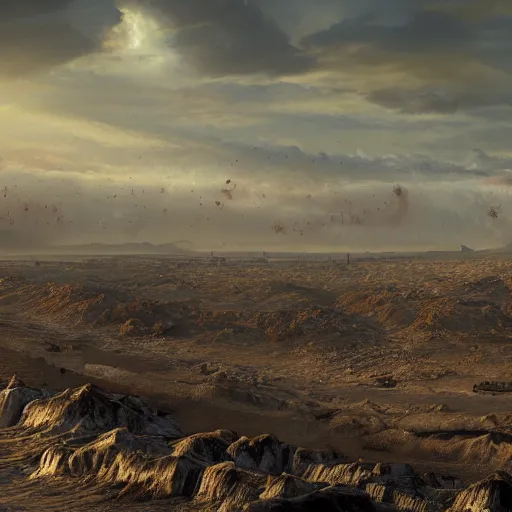 Image similar to a wasteland of nuclear bombs that failed to go off, 8 k resolution matte painting trending on artstation