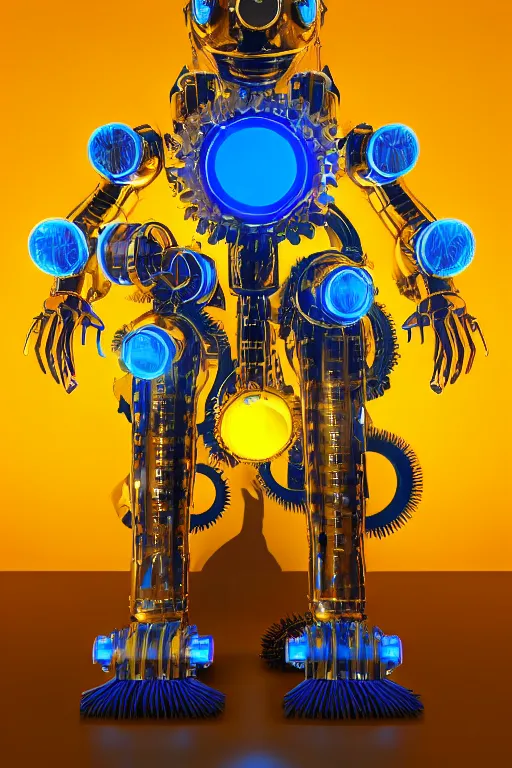 Image similar to portrait photo of a giant huge golden and blue metal humanoid steampunk robot vaccuum cleaner, with gears and tubes, in the hand are mop and bucket, eyes are glowing red lightbulbs, shiny crisp finish, 3 d render, 8 k, insaneley detailed, fluorescent colors, background is multicolored lasershow