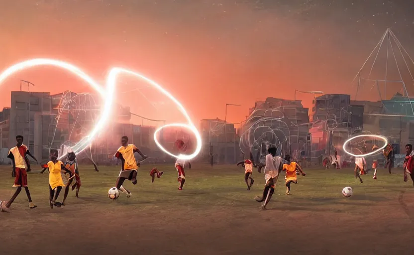 Image similar to young boys from africa playing football and a spiral - shaped white luminous attractor is floating on the horizon in soviet city, concept art, art for the game, professional lighting