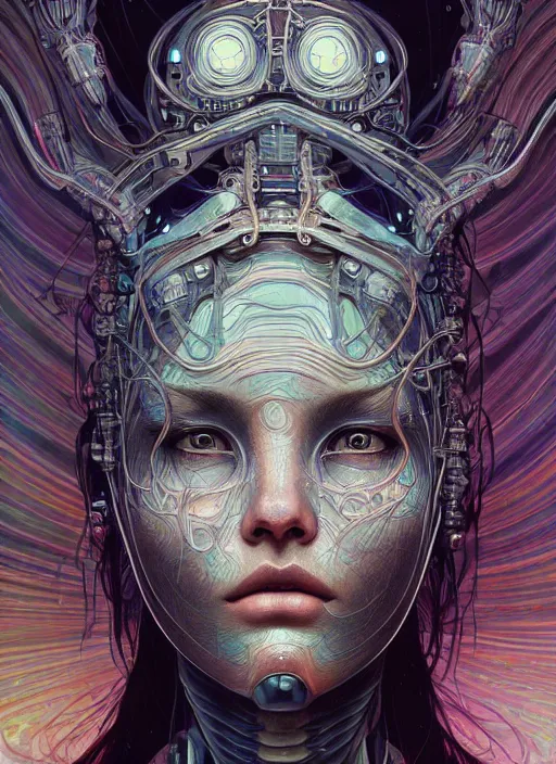 Prompt: ancient beautiful cyborg girl face portrait, intricate artwork by josan gonzalez, artgerm, kilian eng, alphonse mucha, junji ito, hugh ferriss, lee madgwick, alex grey and gustave dore, very coherent artwork, cinematic, psychedelic, vibrant, octane render, unreal engine, 8 k, high contrast, black ink outline