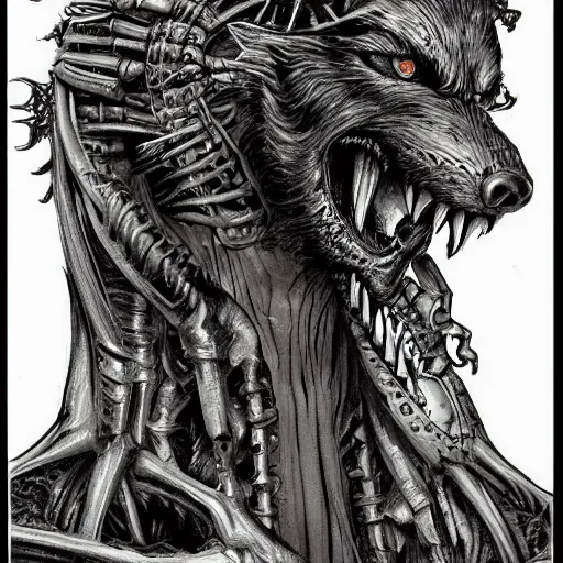 Prompt: half Werewolf half Hellhound Building a structure, style of H. R. Giger, disquieting, unsettling, baroque style. Highly detailed, cinematic, dramatic