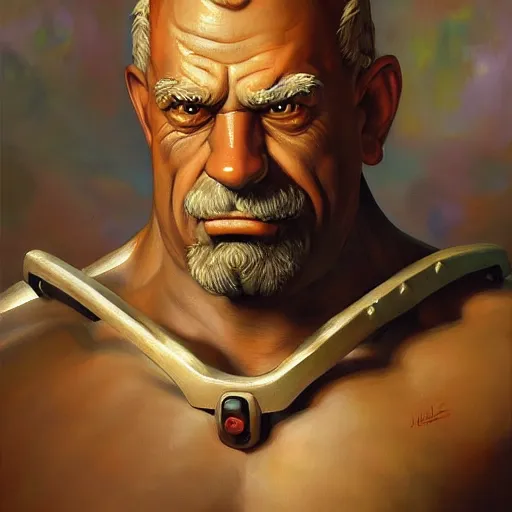 Prompt: detailed portrait of homer from overwatch, intricate, hyper detailed, realistic, oil painting, by julie bell, frank frazetta, cinematic lighting