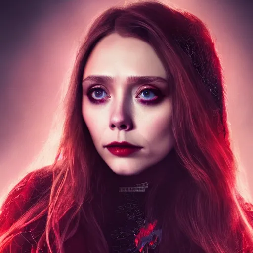 Prompt: Elizabeth Olsen as the Scarlet Witch in emo attire and heavy alt makeup, trending on artstation, gloomy atmosphere, photorealistic facial features, 4k, 8k