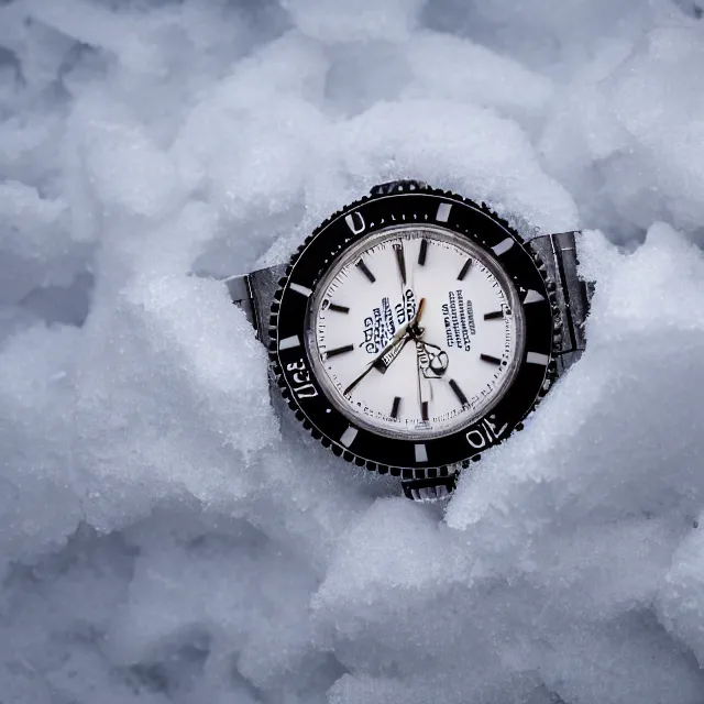 Prompt: a rolex covered in ice, buried in the snow. photo, canon, 8 k hd