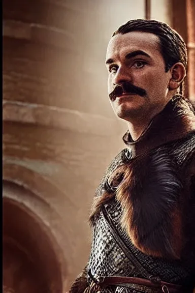 Image similar to “ very very intricate photorealistic photo of a realistic human version of super mario in an episode of game of thrones, photo is in focus with detailed atmospheric lighting, award - winning details ”