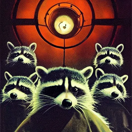 Prompt: 1 9 7 0's award winning sci - fi movie, a group of raccoons wearing dark cult robes look towards the camera in surprise and anger as they perform a dark occult evil ceremony inside the secret lair of an underground mystery cult, dramatic candlelight, pentagrams, ultra - detailed, photorealistic, 4 k