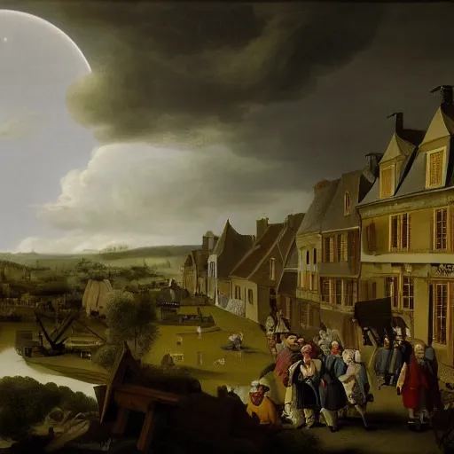 Image similar to dark solar eclipse, above a village, highly detailed, studio 4 k quality, by pieter claesz