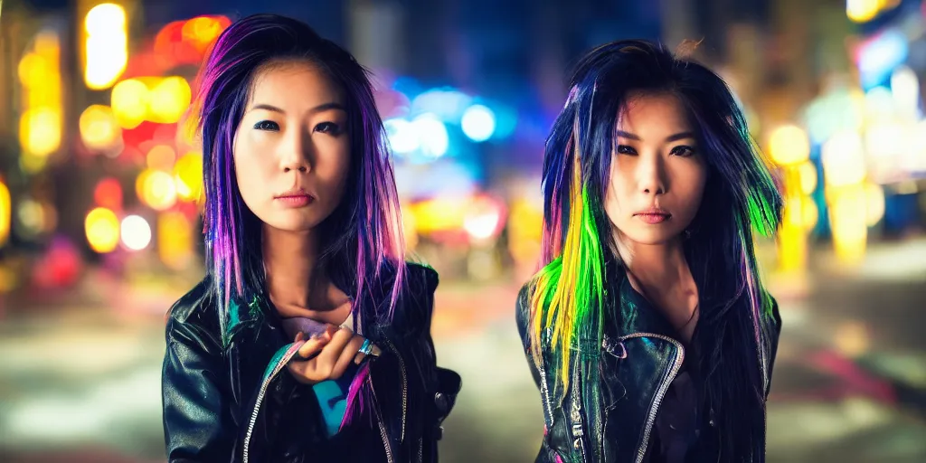 Prompt: photo portrait of an Asian woman with long Mohawk down hair wearing neon cyberpunk jacket, cinematic shot, night lighting, dslr bokeh depth of field