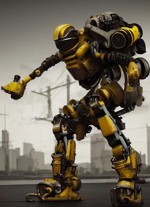 Image similar to a photorealistic dramatic hyperrealistic render of a futuristic exosuit power loader heavy machinery, ultra realistic details, glossy yellow, well worn, rust, oil stains by vitaly bulgarov and mike nash, beautiful dramatic dark moody tones and lighting, cinematic atmosphere, studio lighting, global illumination, shadows, dark background, octane render, 8 k