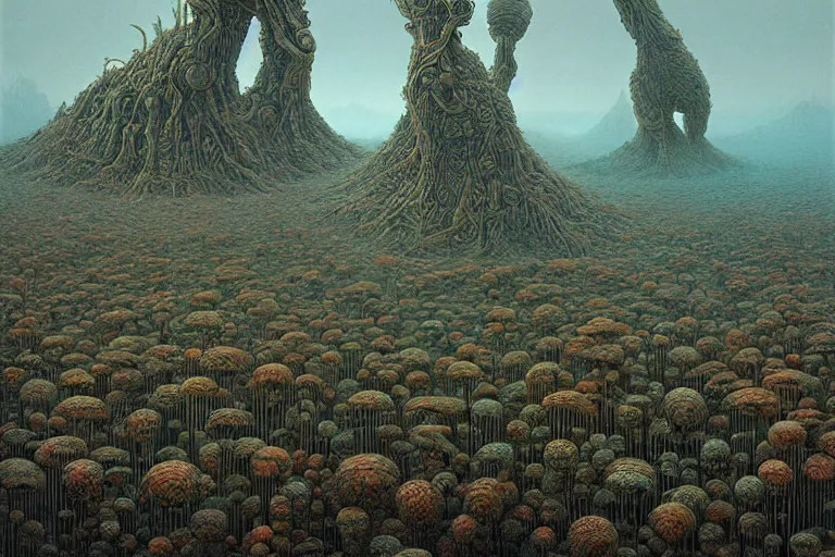 Prompt: a surreal and awe - inspiring science fiction landscape, alien plants and animals, intricate, elegant, highly detailed matte painting by beksinski and simon stalenhag