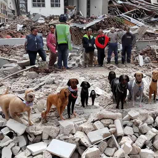 Prompt: seven eager dogs, standing in a rubble after a building collapsed, journalistic photograph.