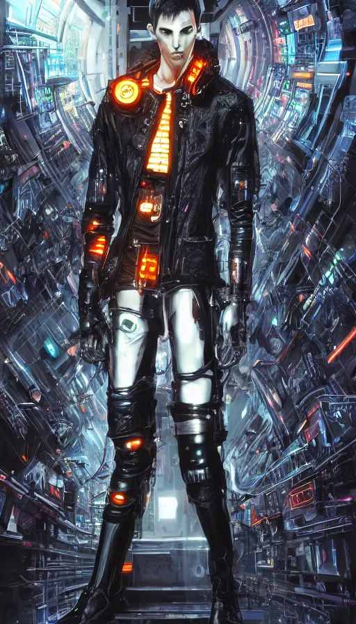 Image similar to full body head to toe portrait of a cyberpunk sci-fi cyborg netrunner bionic man, third person, D&D, sci-fi fantasy, matrix , intricate, black with shiny silver and orange fringe highlights, highly detailed, art by Range Murata, highly detailed, 3d, octane render, bright colors, digital painting, trending on artstation, sharp focus, illustration style of Stanley Artgerm, dramatic background