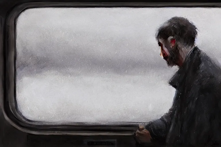 Prompt: man looks out of a train window, dim lighting, lonely, digital art, by wlop, by jeremy lipking, highly detailed, expressive painting, dark atmosphere, moody, octane render, rainy weather